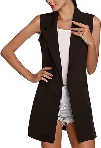 Yeokou Womens Sleeveless Blazers Jaqueta Long Suit Colete Aberto Cardigan dianteiro com bolsos | Amazon (US)