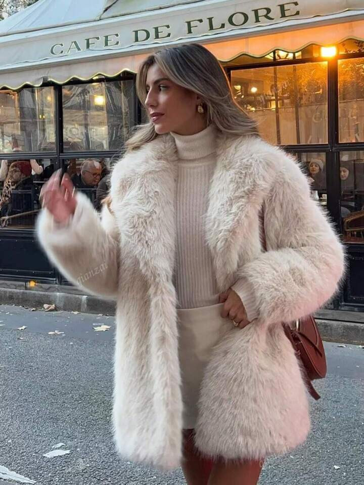 Women Vintage Solid Fluffy Coat Loose Casual Long Sleeve Lapel Jacket Winter Thick Warm Outerwear... | SHEIN