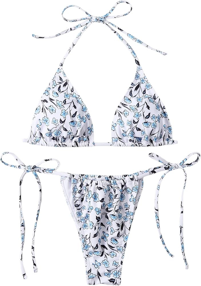 SOLY HUX Women's Floral Print Bikini Sets Halter Tie Side Triangle Sexy Swimsuits | Amazon (US)