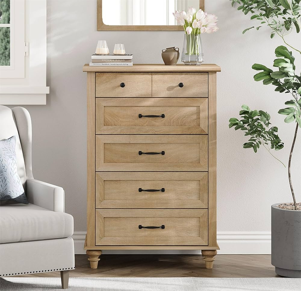 WAMPAT Oak Dresser for Bedroom with 5 Drawers, Tall Kids Dressers with Wide Chest of Drawers, Mid... | Amazon (US)