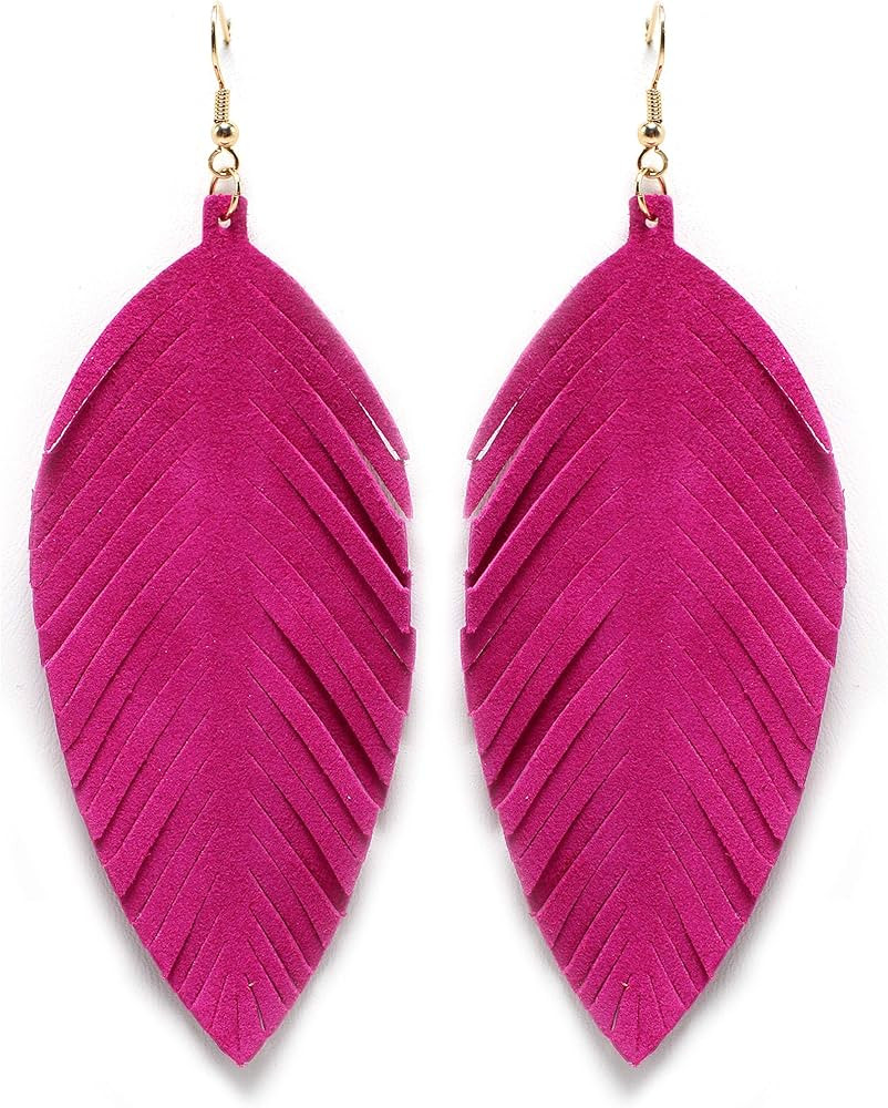 Large Genuine Soft Leather Handmade Fringe Feather Lightweight Tear Drop Dangle Color Earrings for W | Amazon (US)