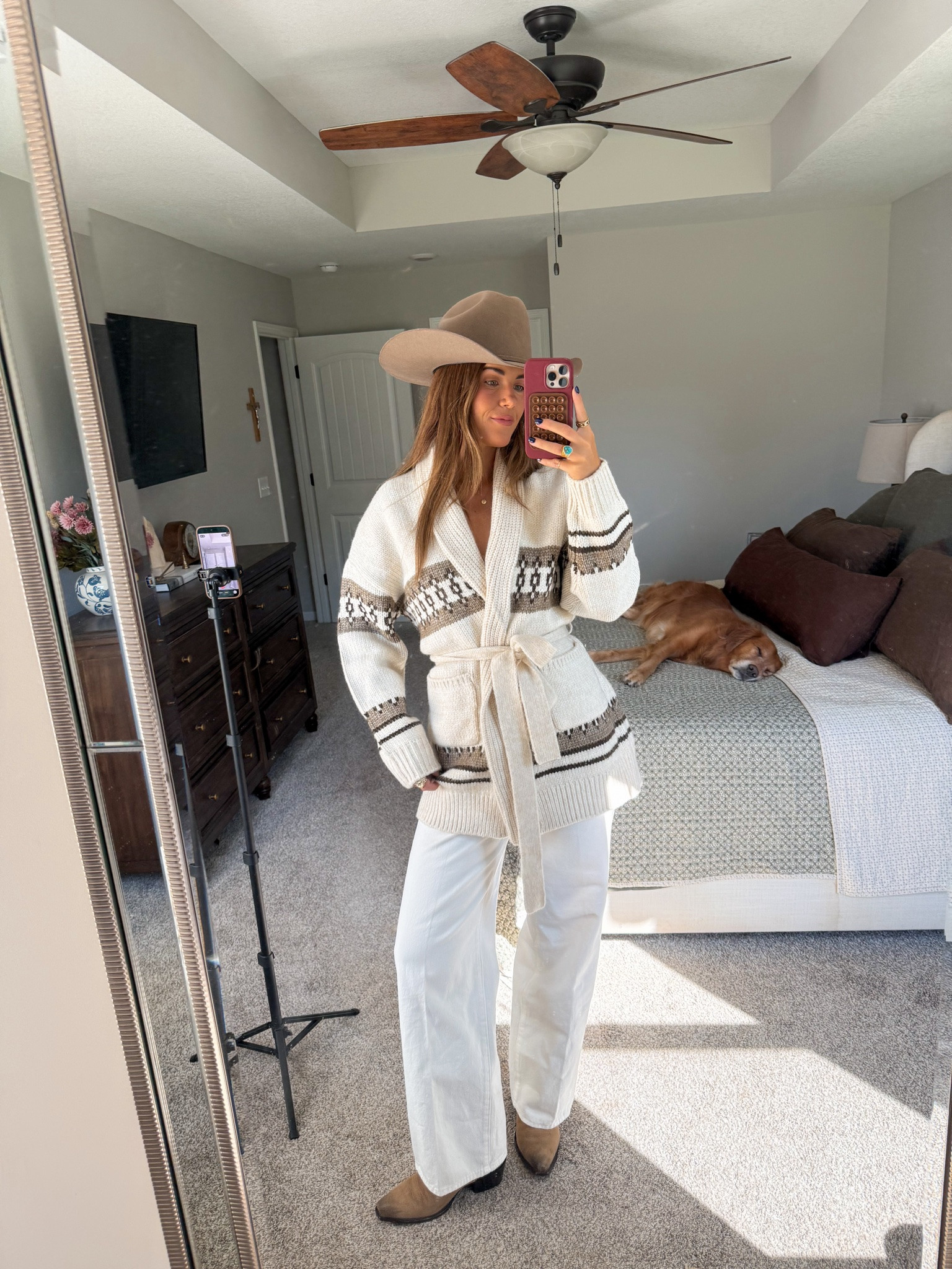 size large in cardigan (i didn’t need to size up that much though!) jeans sold out but linked similar! , size down half size in boots, linking similar cowboy hat 

montana outfit inspo, western fashion, cowgirl boots, jackson hole outfit