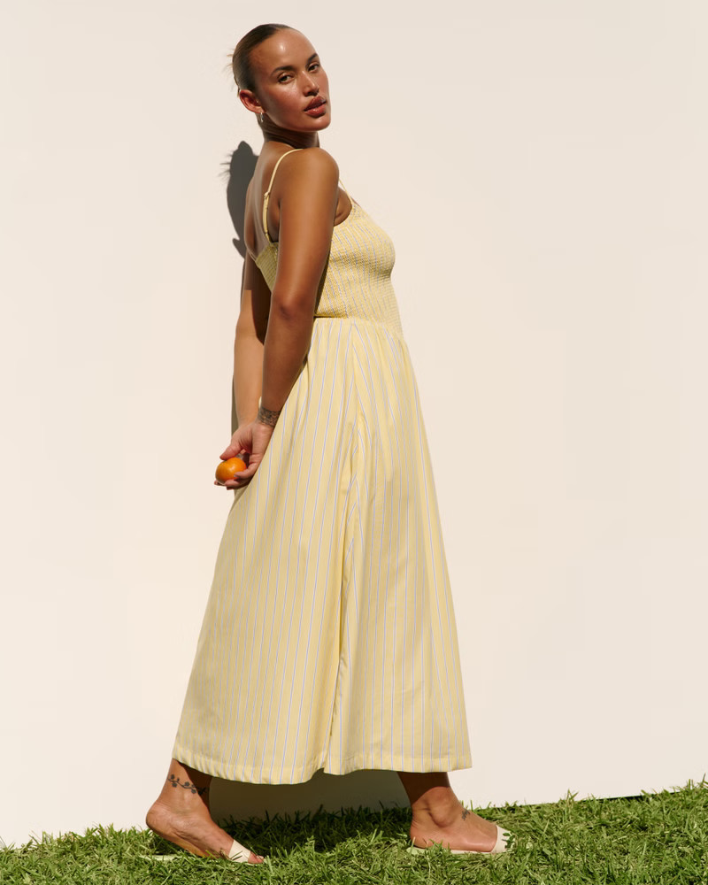 Abercrombie & Fitch Women's Dipped-Waist Smocked Midi Dress in Sunny Yellow Stripe - Size XXS | Abercrombie & Fitch (US)