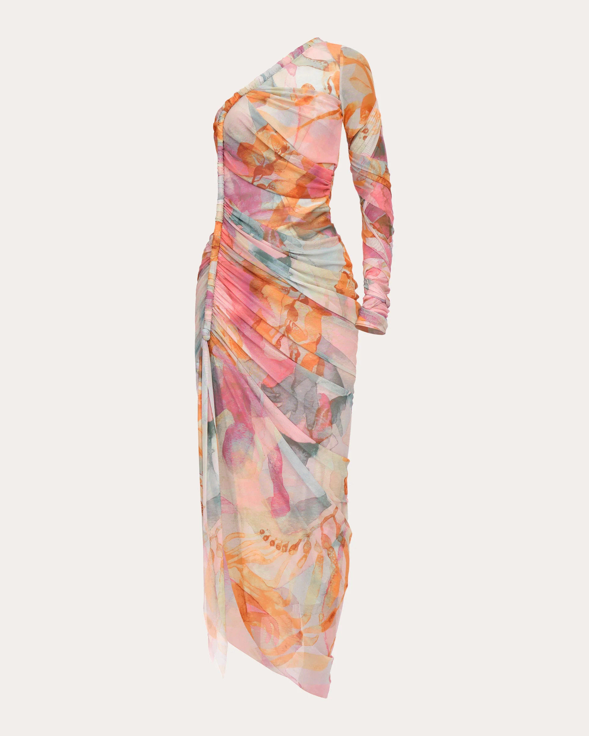 Andrea Iyamah Women's Turi Asymmetric Printed Mesh Dress in Zuli Print Polyester/Mesh/Spandex | Olivela