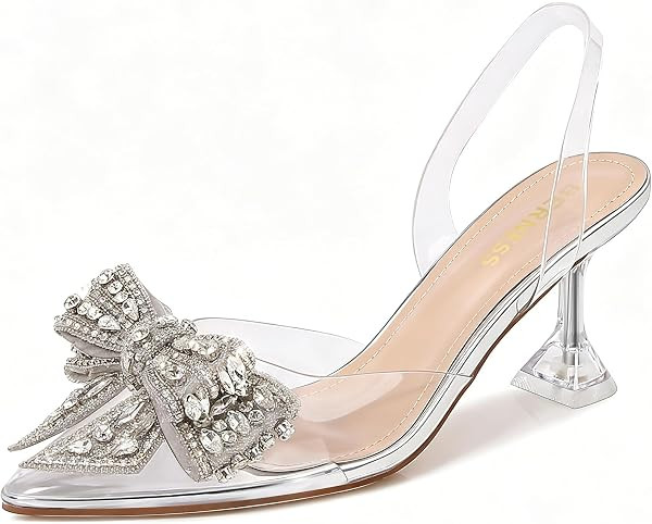 Berness Women's Crystal Bow Clear Slingback Kitten Heels Pumps | Amazon (US)
