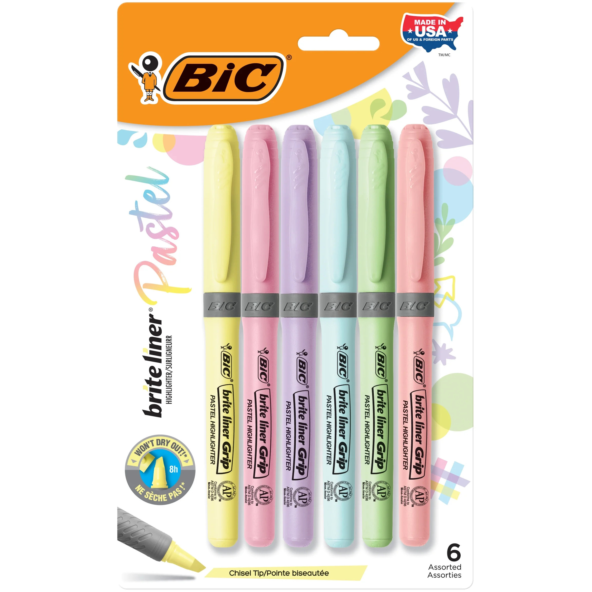 BIC Brite Liner Grip Pastel Highlighters, Assorted Pastel Colors, Rubber Grip, 6 Count - Walmart.... | Walmart (US)