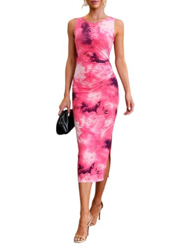 oten Women's 2025 Summer Floral Sleeveless Bodycon Midi Dress Sexy Cocktail Party Ruched Slit Long Dresses, Pink Floral, X-Large | Amazon (US)