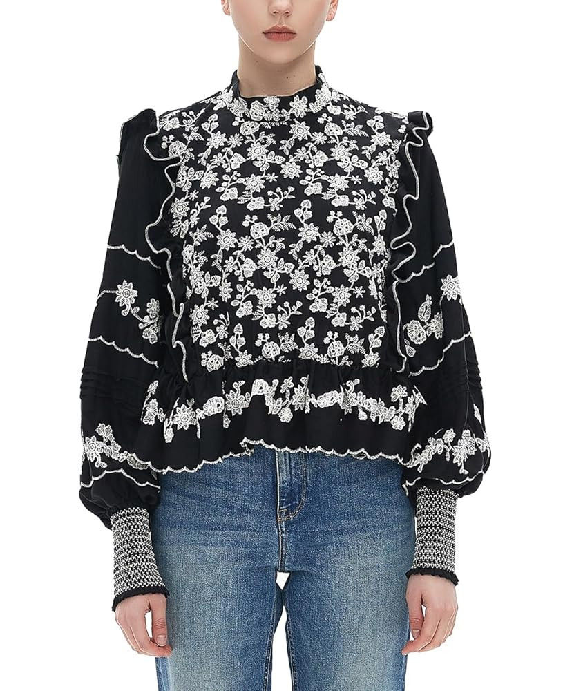 D-Sun Women's Long Sleeve Shirts Fall Tops Floral Embroidered Blouse Casual Elastic Waist Babydol... | Amazon (US)