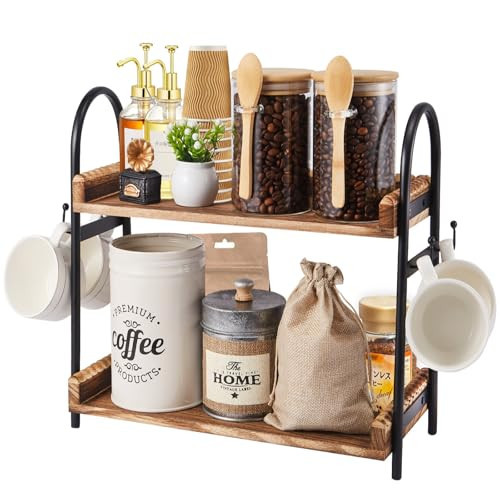 BDBDYEAY Coffee Bar Accessories, 2-Tier Coffee Bar Organizer with 4 Coffee Cup Holder Hooks, Mul-tifunctional Wooden Beaded Coffee Station Countertop Stand Shelf for Kitchen Home Office | Amazon (US)