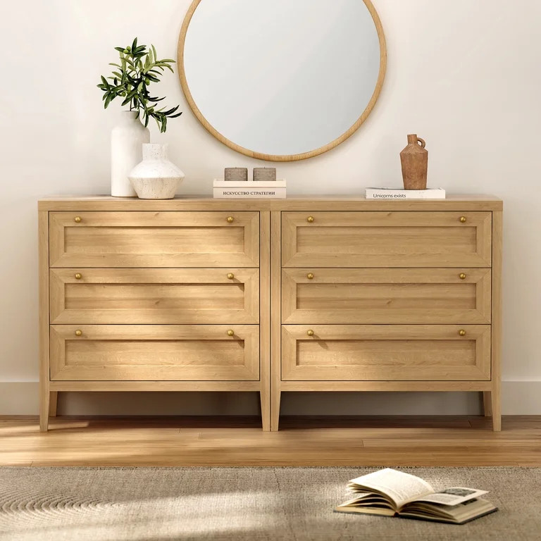 EYYTHUNG Modern Chest of Drawers Cabinet Wood with Golden Handles Set of 2, Natural Oak | Walmart (US)