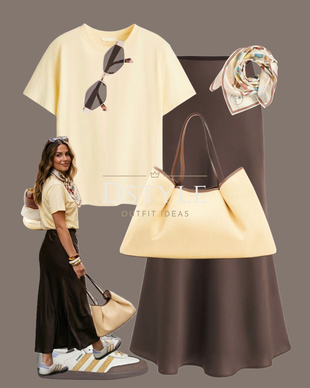 Sun-kissed style. ☀️ This pale yellow tee and chocolate brown satin skirt combo is giving me all the spring feels. Paired with Sambas for that perfect street style edge. 👟

#LTKootd