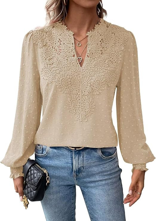 Falechay Womens Tops Swiss Dot Boho Long Sleeve Shirts V Neck Casual Chiffon Blouses Flowy Lace H... | Amazon (US)