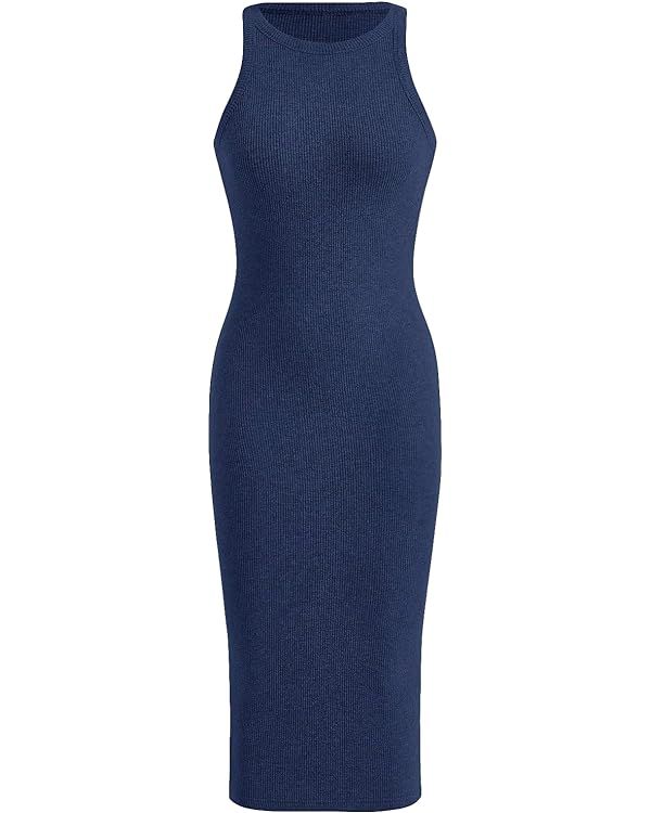 Verdusa Women's Basic Ribbed Knit Sleeveless Midi Tank Dress Crewneck Knit Bodycon Dress | Amazon (US)