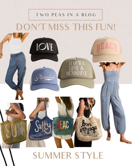 NEW!! Summer cuteness 
Beach bag. Trucker hat. chambray joggers 

#LTKSeasonal #LTKOver40 #LTKItBag