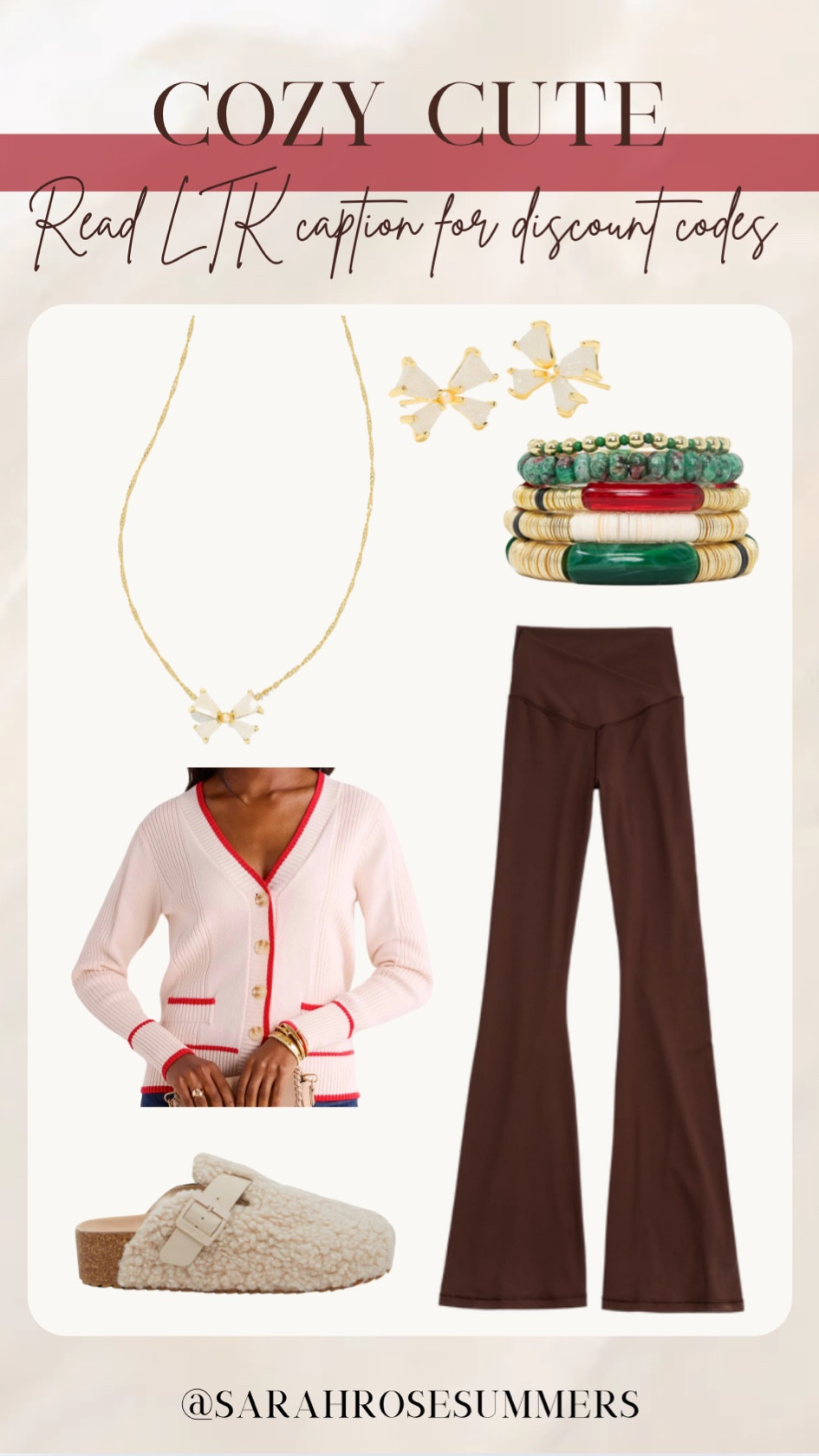 Avara exclusive cardigan with holiday red piping. Use code sarahrose15 for 15% off at Avara. Kendra Scott bow earrings perfect for a holiday party look and Allie + Bess Christmas bracelet stack. My go to Aerie cross over waist leggings 40% off in all colors - I wear a medium they’re very stretchy and feel like butter. Use code SALUTE20 for 20% off DSW and code sarahrose20 for 20% off bracelets 

#LTKShoeCrush #LTKGiftGuide #LTKSaleAlert
