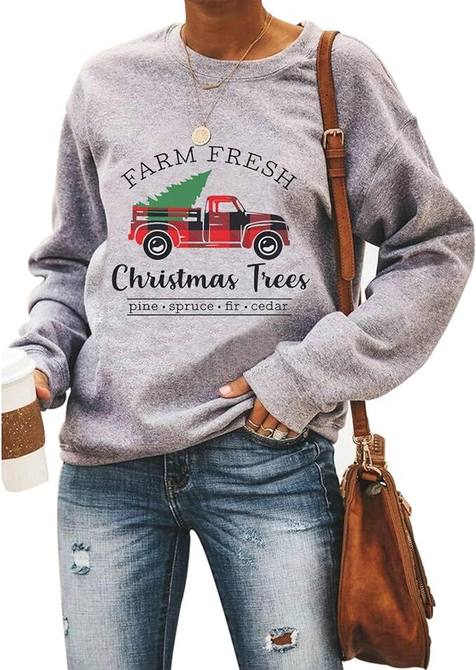 Women Farm Fresh Christmas Plaid Trees Sweatshirt Xmas Tree Graphic Funny Holiday Pullover Top | Amazon (US)