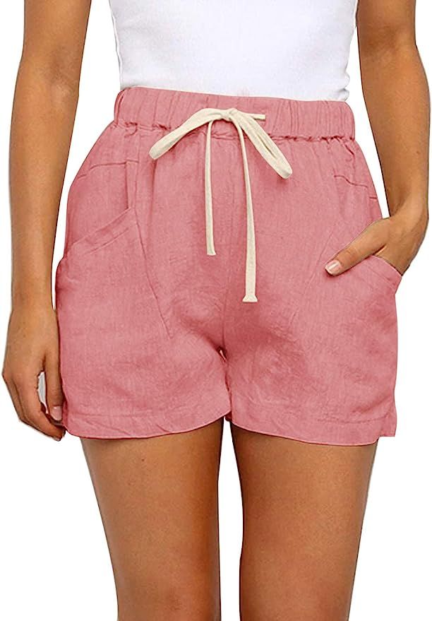 YIBOCK Women Casual Elastic Waist Shorts Summer Linen Drawstring Beach Shorts with Pockets | Amazon (US)