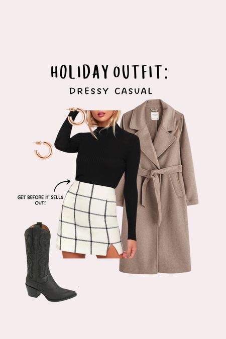 What to wear holiday outfit inspo dressy casual #turtleneck #bodysuit #skirt #flannelskirt #plaidskirt #beltedtrench #trenchcoat #goldhoops #boots #tallboot #westernboot

#LTKstyletip #LTKHoliday #LTKshoecrush