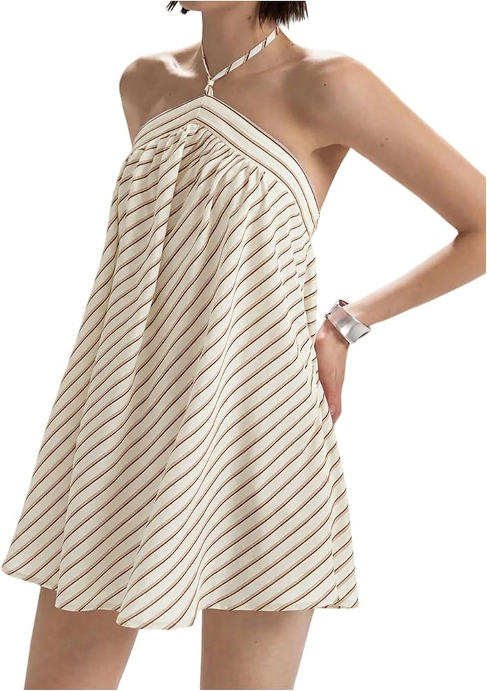 OYOANGLE Women's Striped Halter Dress Y2K Summer Going Out Mini Dresses | Amazon (US)