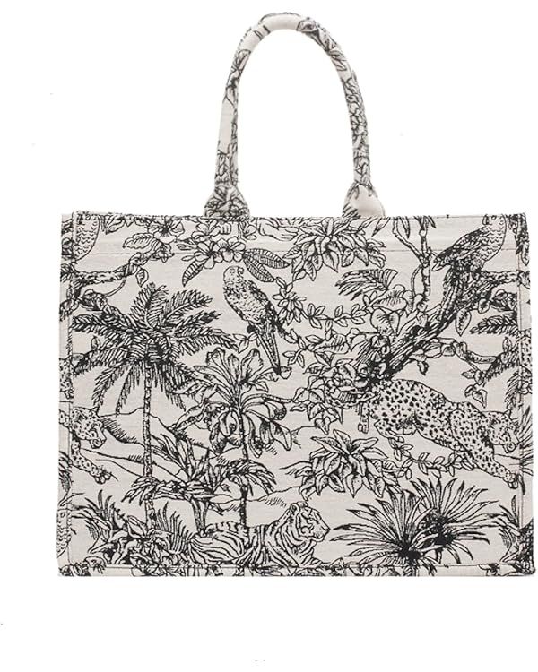 Large capacity handbag linen cotton flower embroidery retro exquisite doodle fashion shopping bag | Amazon (US)