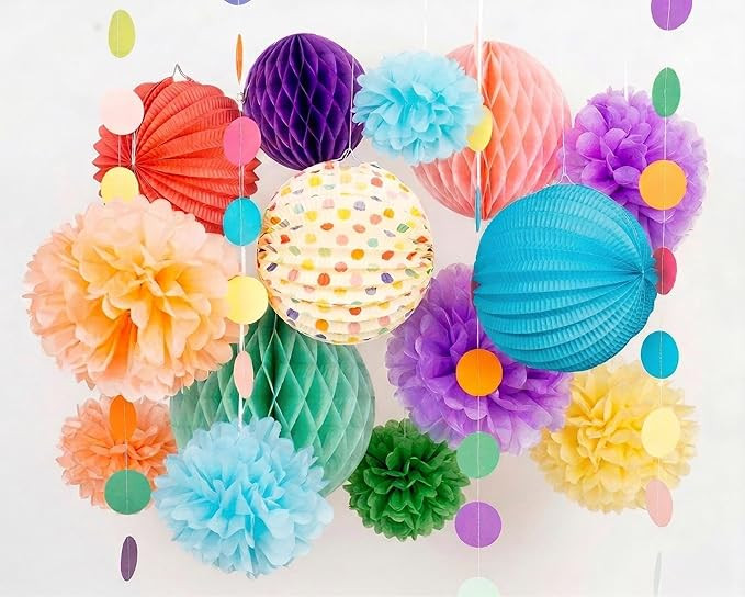 PapaKit Premium Paper Decoration Set - Pom Pom, Honeycomb and Accordion Lantern (Festive Colors) ... | Amazon (US)