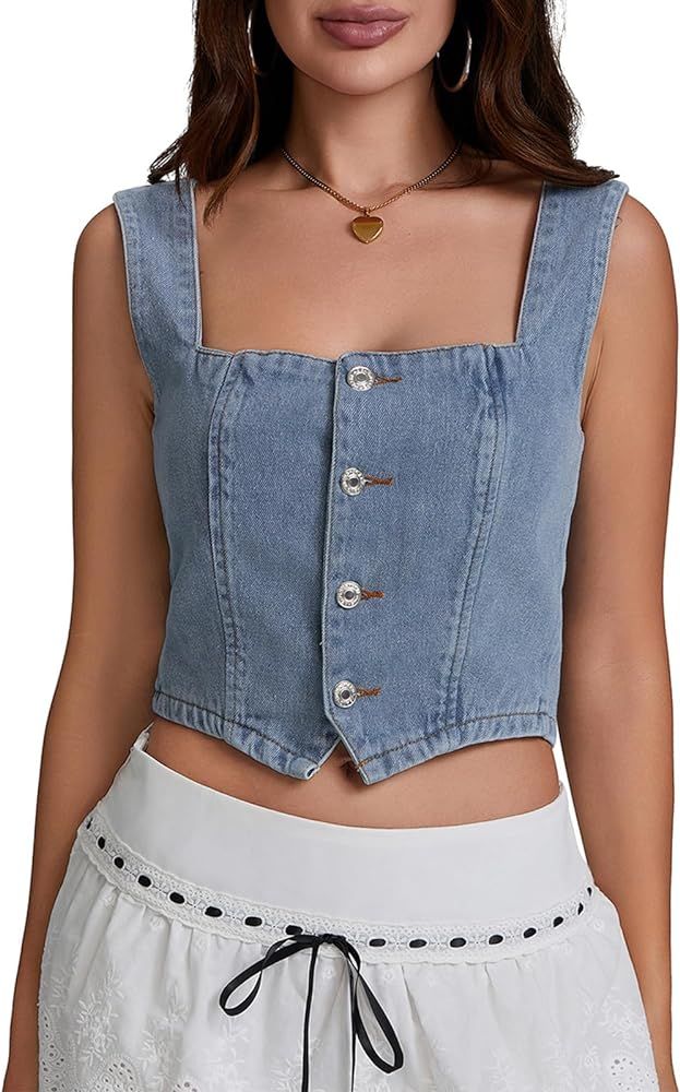 Women Fashion Denim Vest Sleeveless Boat Neck Button Down Crop Vest Jean Tank Top Slim Backless S... | Amazon (US)
