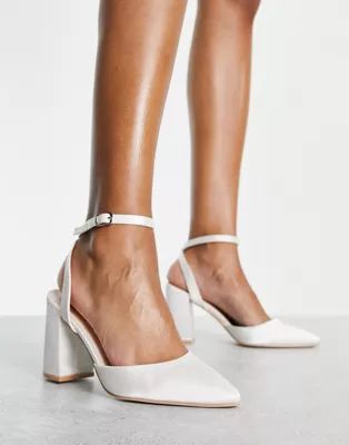 Be Mine Bridal Neima block heeled shoes in ivory satin | ASOS (Global)