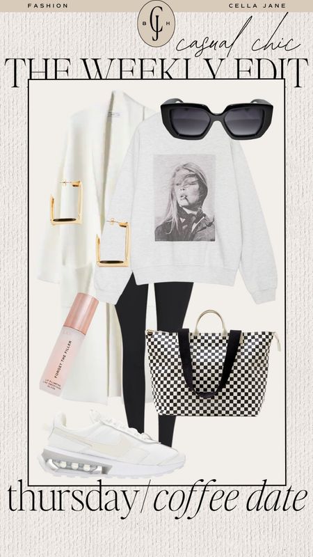 The Cella Jane weekly style edit. Casual chic. Thursday coffee date. Sweatshirt, sweater coat, tote, sneakers, earrings. #styleinspiration #casualstyle

#LTKstyletip
