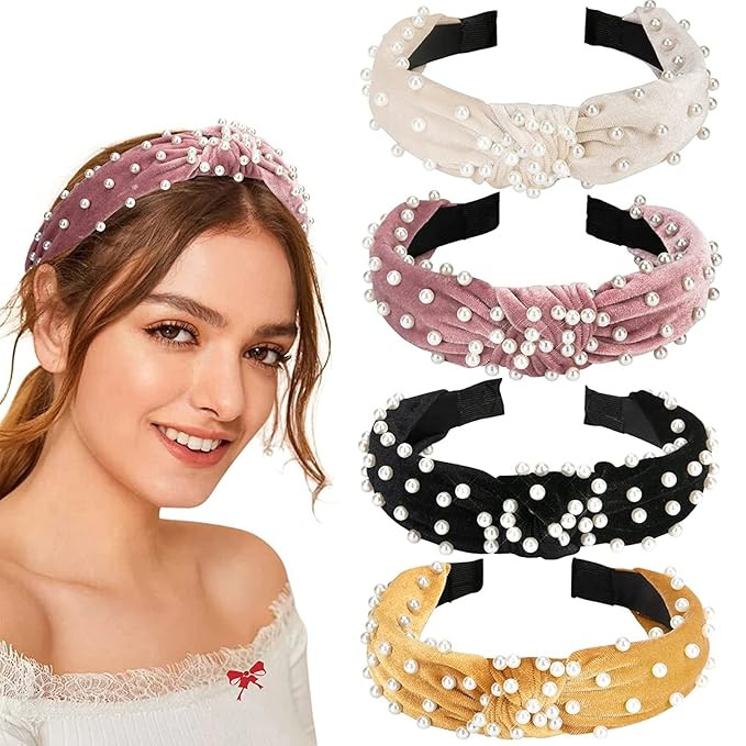 Pearl Headbands for Women, Beaded Headband Non Slip Wide Top Knot Head Bands, Black White Pink Go... | Amazon (US)