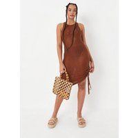 Brown Ruched Side Crochet Knit Midaxi Dress | Missguided (US & CA)