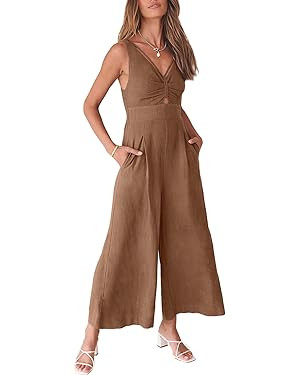 ANRABESS Women's Summer Wide Leg Linen Jumpsuits Dressy V Neck Sleeveless Casual Pants Rompers 20... | Amazon (US)