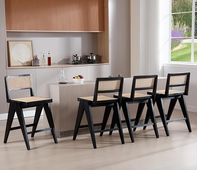 26" Black Rattan Counter Height Bar Stools Set of 4, Mid-Century Modern Counter Stools with Cane ... | Amazon (US)