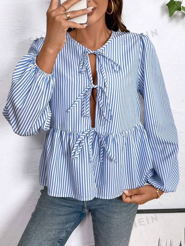 SHEIN Essnce Round Neck Striped Print Ruffle Hem Casual Long Sleeve Shirt5.00(5) | SHEIN