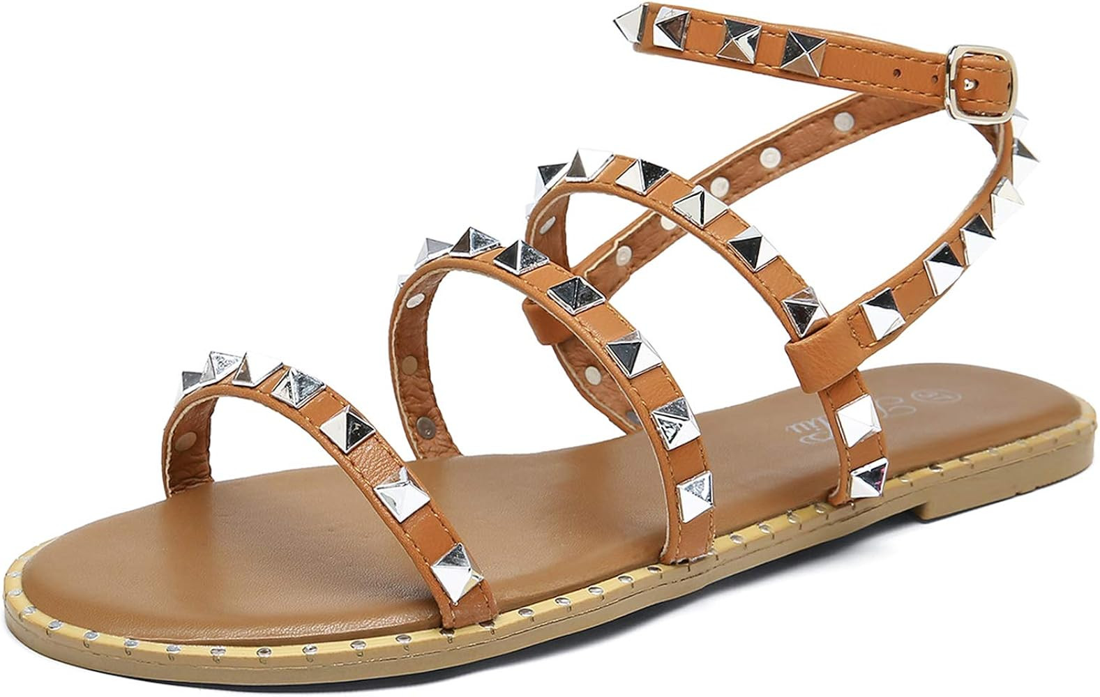 Amazon.com | Katliu Women's Flat Sandals Strappy Studded Sandals Gladiator Sandals with Ankle Strap  | Amazon (US)