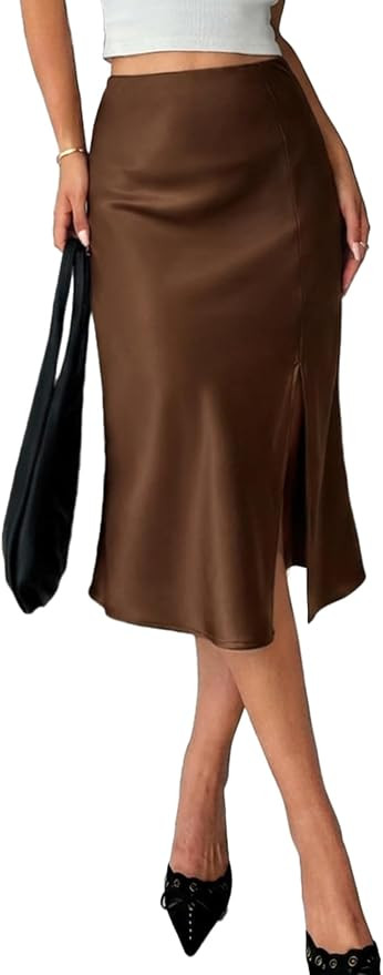 ELLEVEN Women's Satin Midi Skirt, Elegant Slit Slip Skirt | Amazon (US)