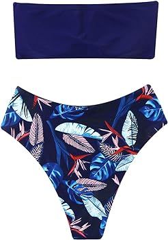 Women's Palm Leaf Strapless High Cut Bikini Set Bathing Suit | Amazon (US)