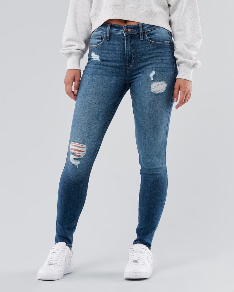 Women's High-Rise Ripped Medium Wash Super Skinny Jeans | Women's Bottoms | HollisterCo.com | Hollister (US)