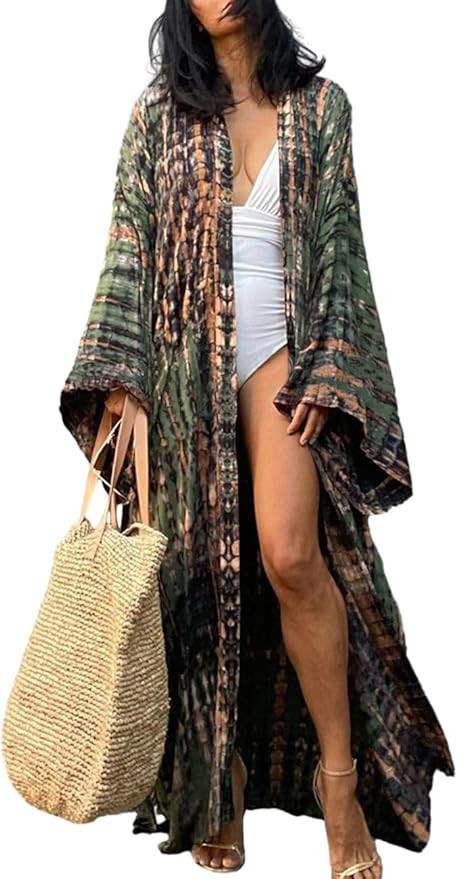 Bsubseach Stylish Tie Dye Open Front Long Kimono Swimsuit Cover up for Women | Amazon (US)