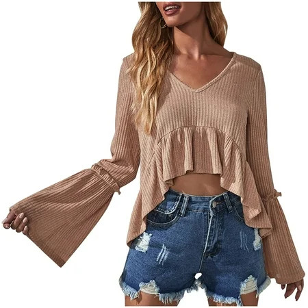 Women s V Neck Pullover Sweaters Knit Sweater Crop Tops Fashion Flared Sleeve Top Shirt Solid Sexy E | Walmart (US)