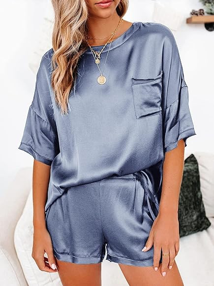 Sofia's Choice Women Silk Satin Pajama Sets Short Sleeve Tee & Shorts Loungewear | Amazon (US)