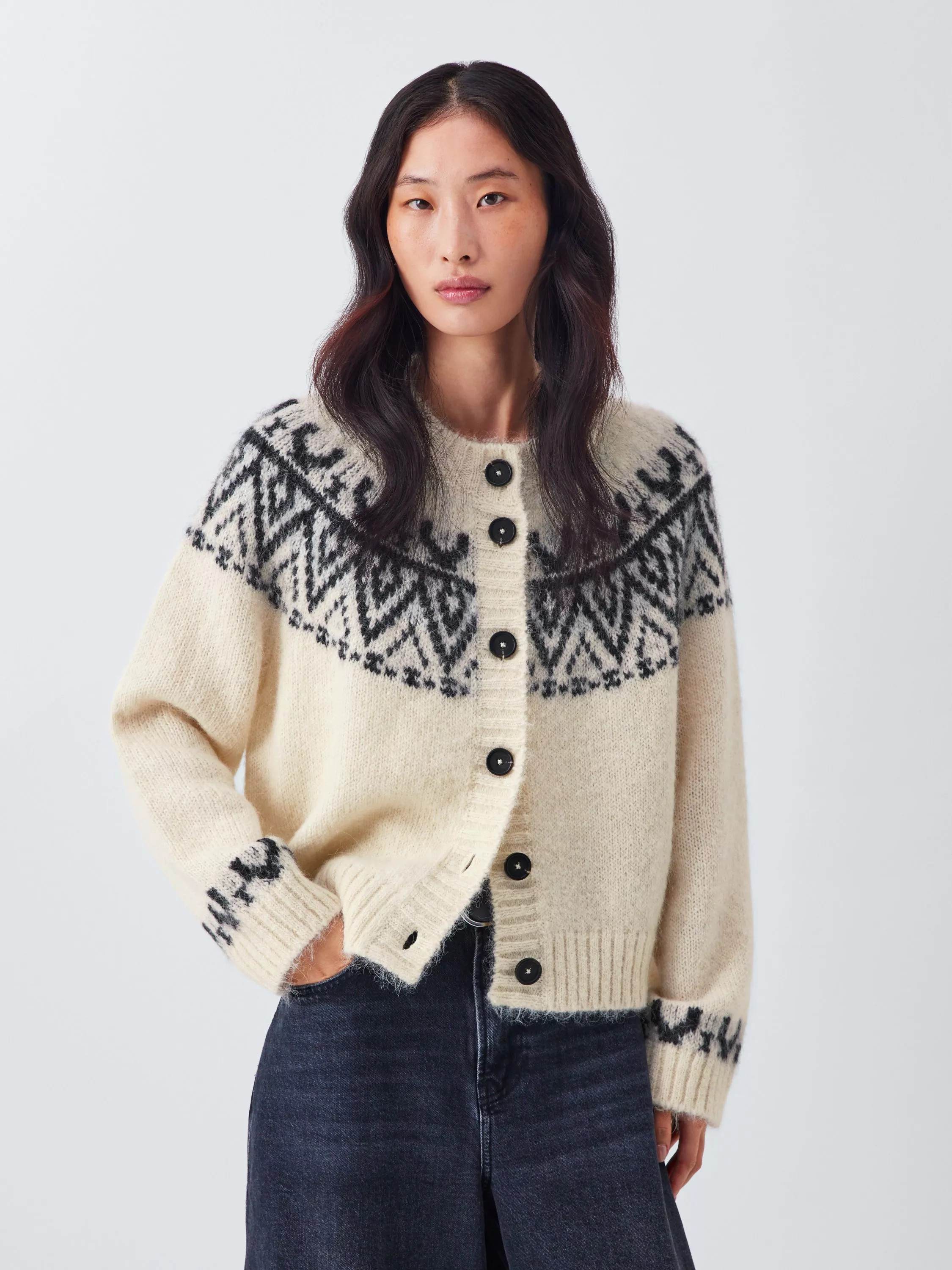 AND/OR Fair Isle Wool Rich Cardigan, Cream/Blue | John Lewis (UK)