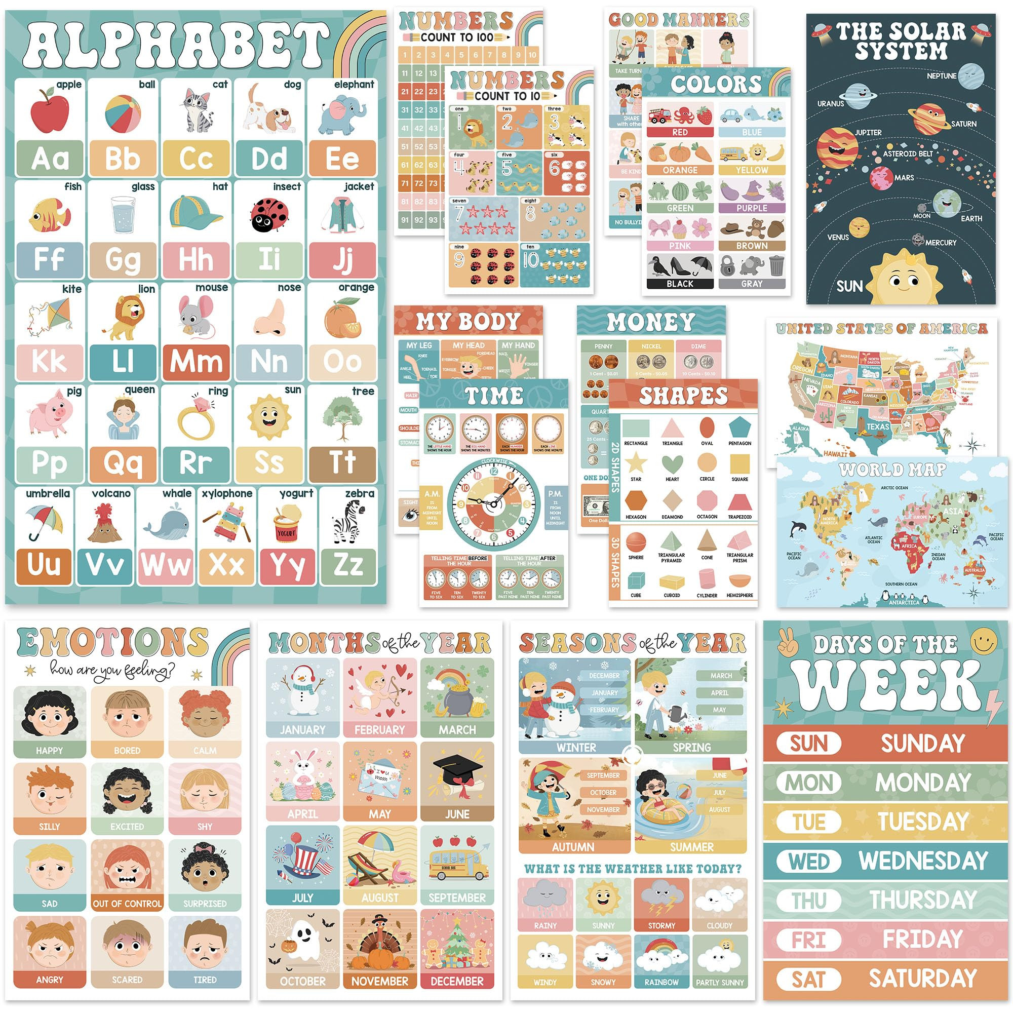 BEAWART 16 Boho Groovy Educational Posters for Preschoolers - Laminated Pre-K and Kindergarten Le... | Amazon (US)