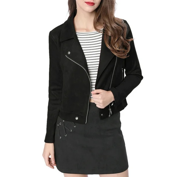 Allegra K Women's Faux Suede Jacket Long Sleeve Zip Up Moto Biker Jackets - Walmart.com | Walmart (US)