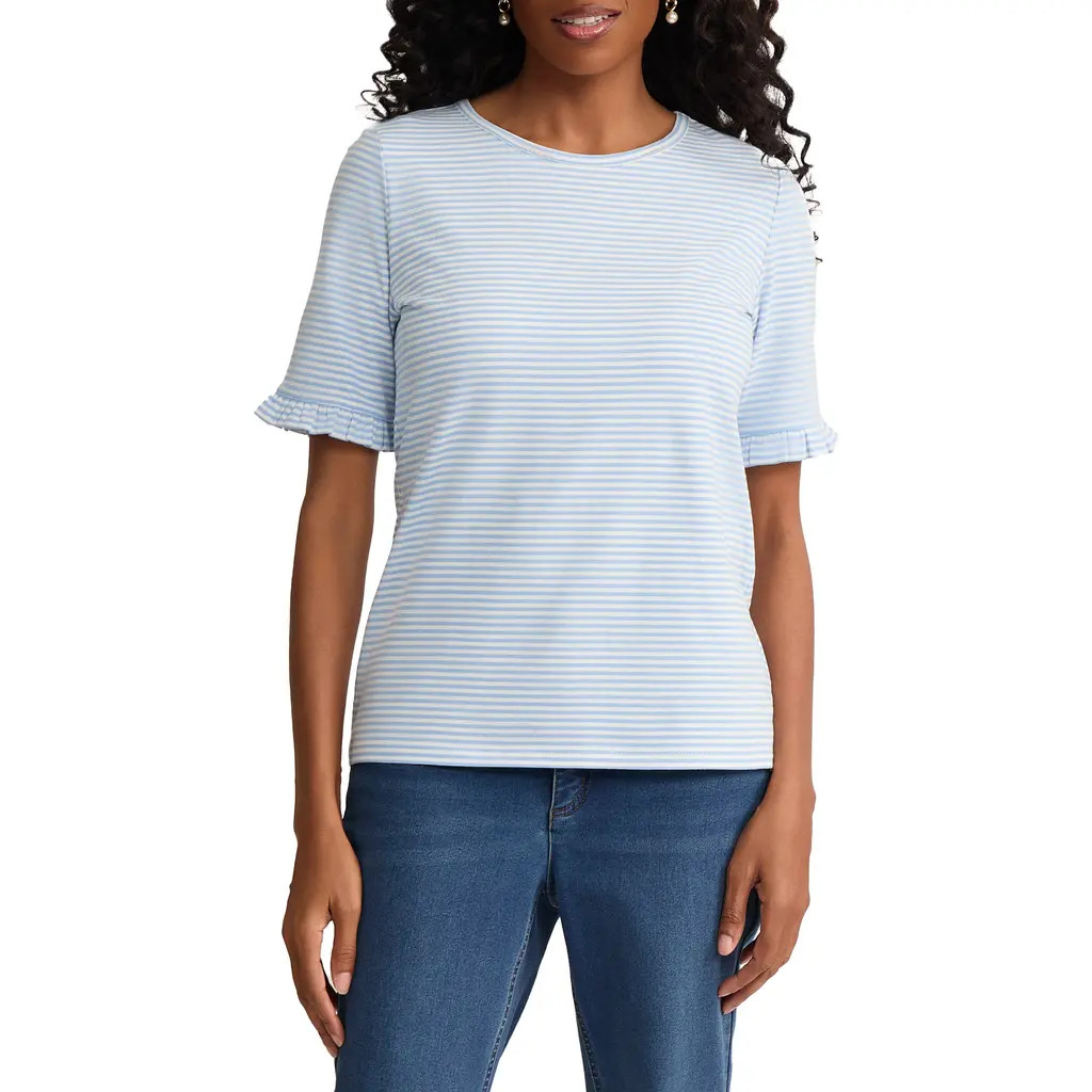 Jones New York Ruffle Elbow Sleeve T-Shirt in Breeze Blue/natural White at Nordstrom, Size X-Large | Nordstrom