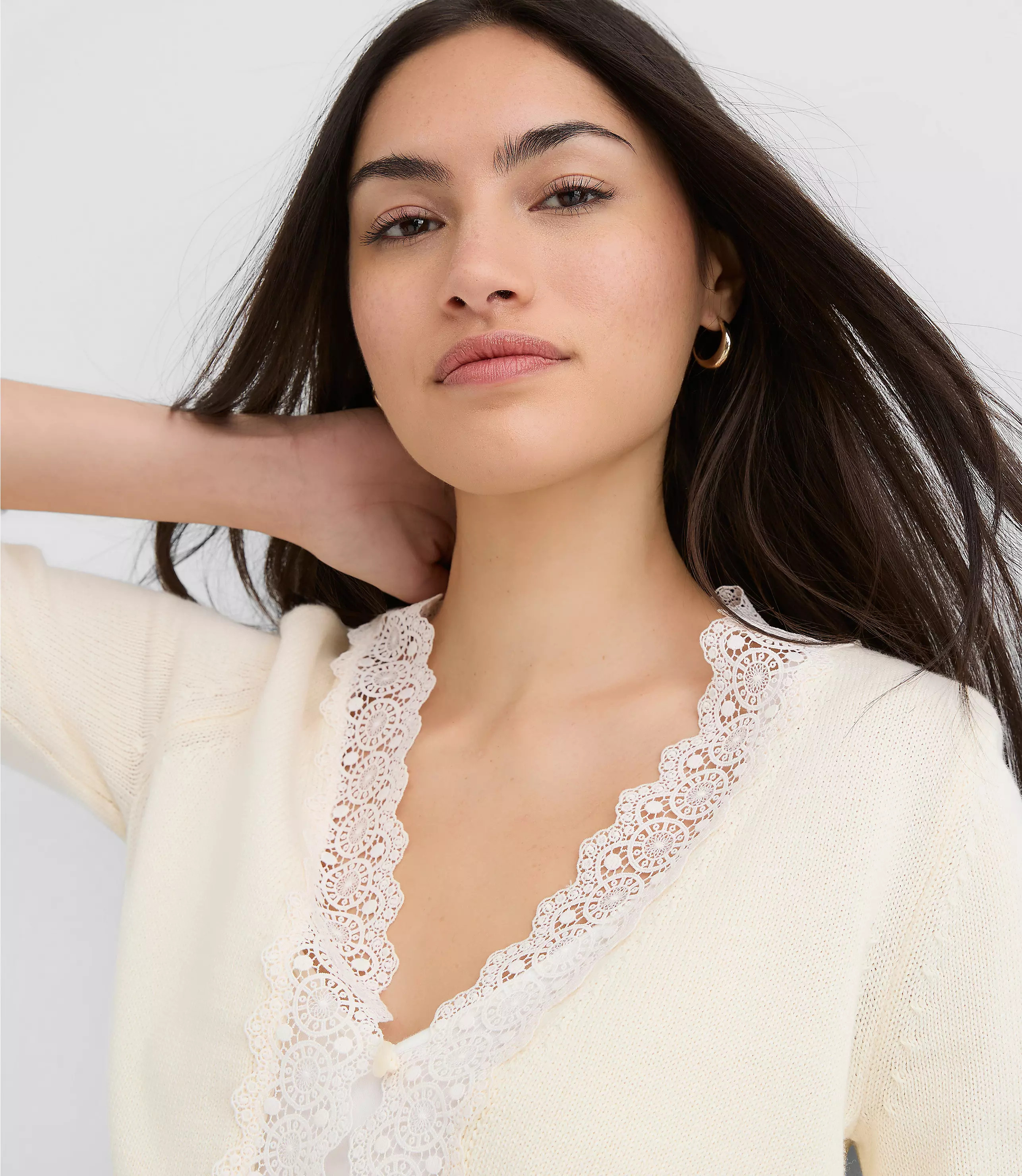 Lace Trim V-Neck Cardigan | LOFT