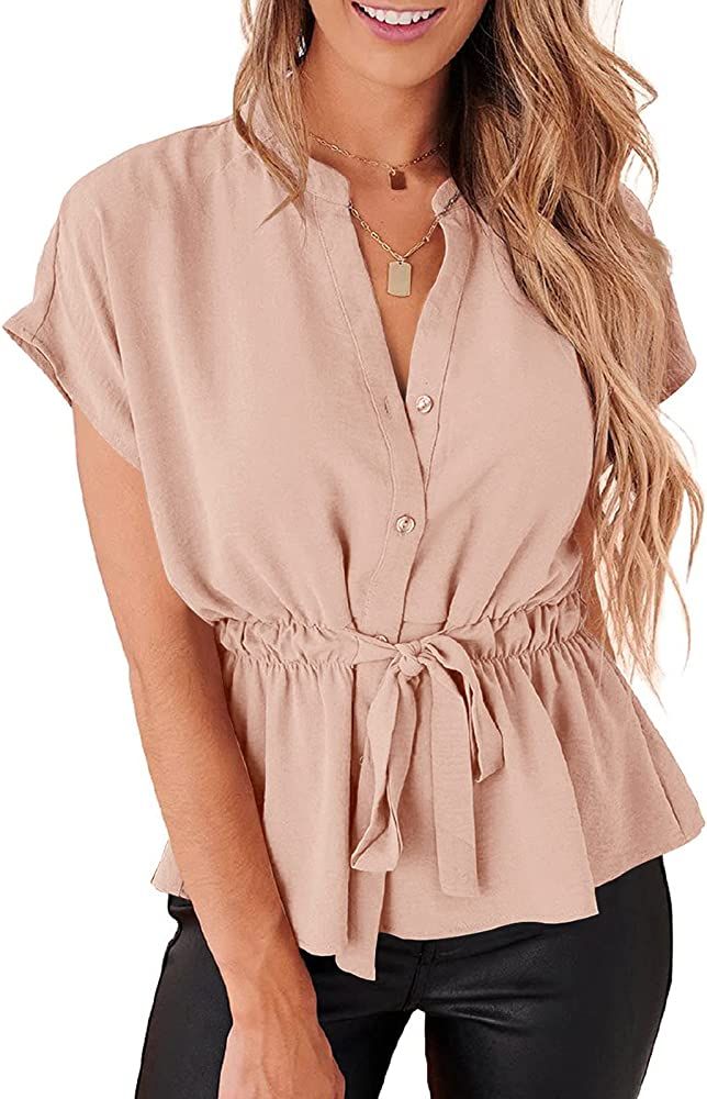 Womens Button Down Chiffon Blouses Casual Peplum Summer Tops Dressy Henley Shirts | Amazon (US)
