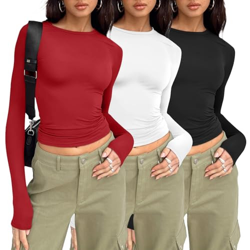 AUTOMET 3 Pack Womens Long Sleeve T Shirts Fall Fashion Basic Going Out Crop Tops Slim Fitted Win... | Amazon (US)