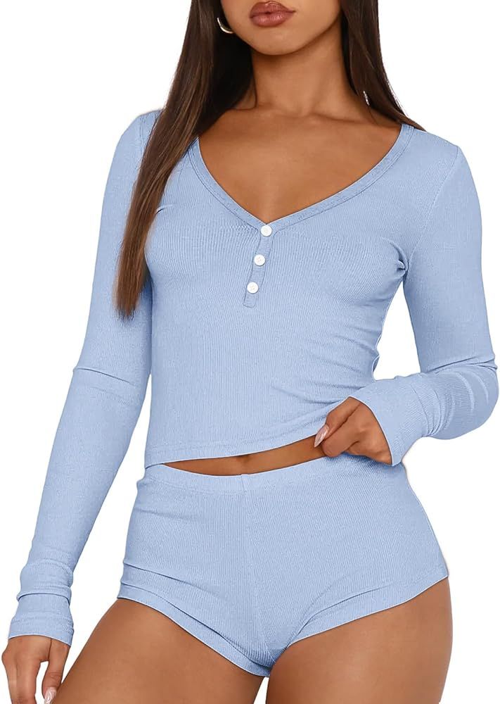 Trendy Queen Womens Two Piece Sets Lounge 2 Piece Outfits Ribbed Knit Shorts and Long Sleeve Butt... | Amazon (US)