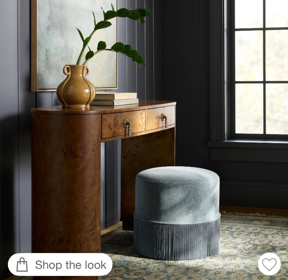 This console table styling is giving designer showroom vibes 💙✨
The beautiful blue velvet stool with fringe detailing adds the perfect touch of texture and sophistication, while the unique vase brings an artistic, collected feel to the space. Together, they create a look that feels timeless, elevated, and effortlessly curated. These are the kinds of pieces that instantly make a home feel warm, inviting, and beautifully styled. #target #studiomcgee #homedecor