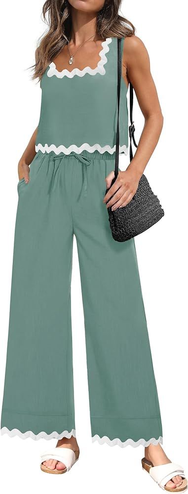 ZESICA Summer 2 Piece Sets for Women Linen Tank Top and Wide Leg Pants Matching Lounge Sets Sprin... | Amazon (US)